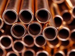A pile of copper pipes stacked on top of each other