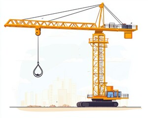 A tall yellow construction crane stands prominently against a city skyline, showcasing its powerful structure and capabilities.