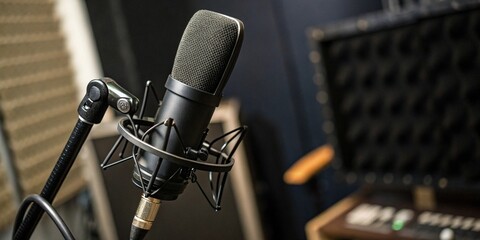 Microphone in a studio, theme of voice record and podcast. 