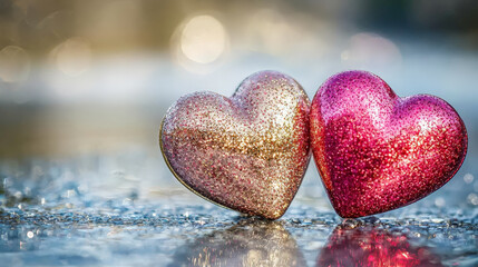 Fototapeta premium Glittering pink and gold hearts on sparkling surface with dreamy bokeh background