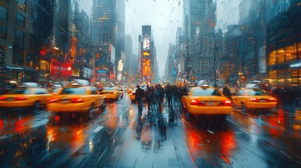 Obraz premium Rainy city street, blurred taxis, urban scene.