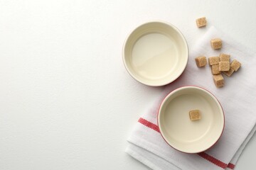 Ceramic casseroles and sugar cubes on white table, flat lay. Space for text