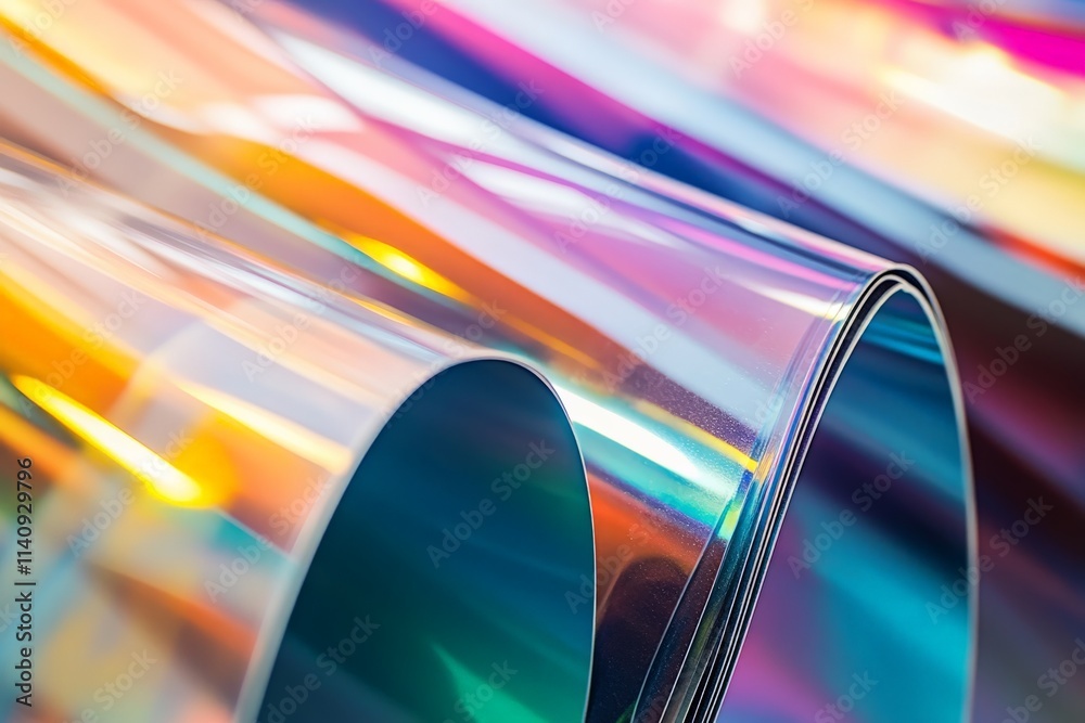 Poster an artistic perspective of colorful, reflective curves, capturing the eye with a combination of ligh