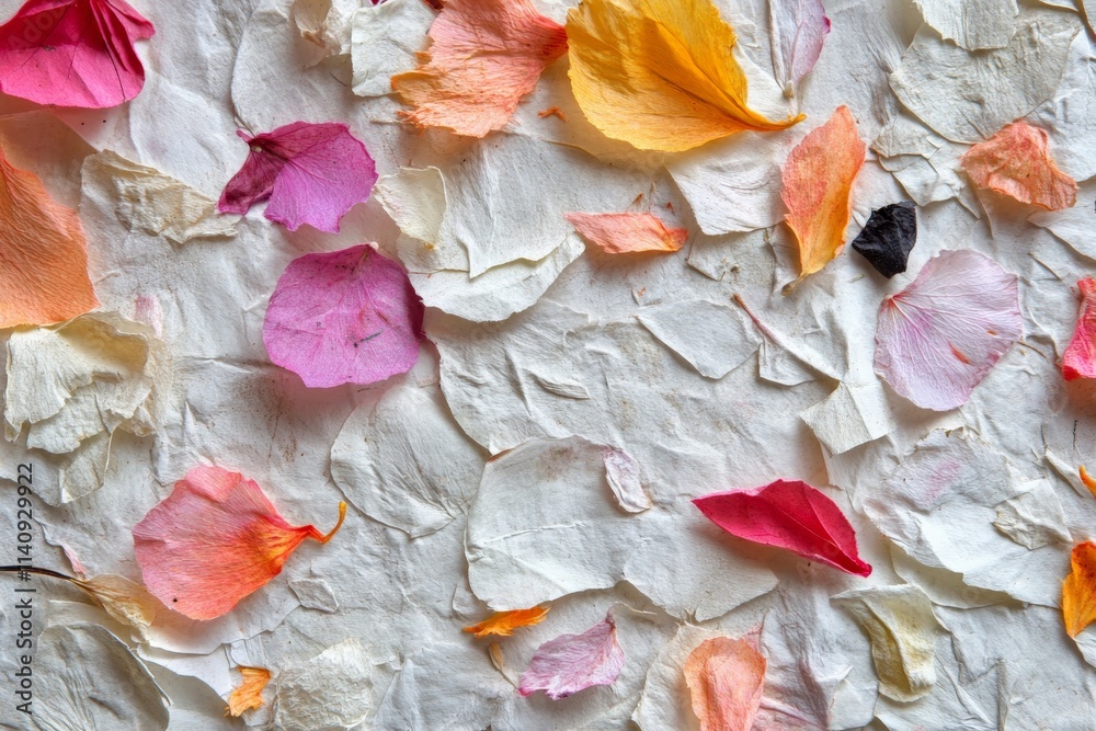 Aufkleber This image features a vibrant array of colorful floral petals laid across textured paper, highlighting the intersection of nature and artistic expression in a serene composition.