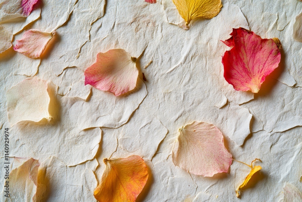 Poster this image displays an artistic arrangement of various floral petals across a handmade paper surface