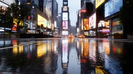 neon cyberpunk cityscape, a neon-lit cityscape, glass road reflecting lights, car-free zone for ads, under moody sky a futuristic scene