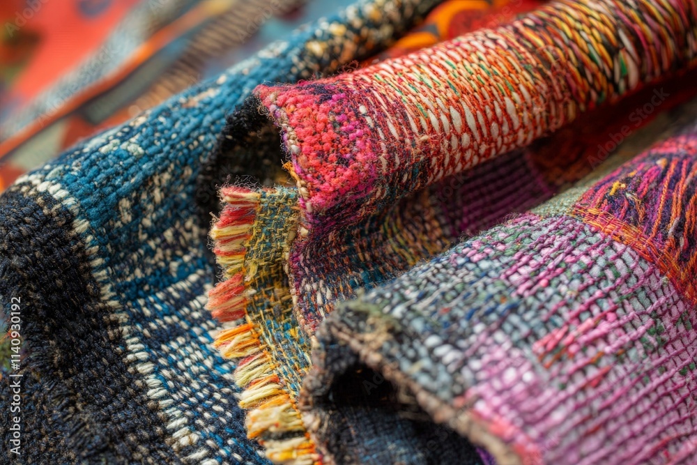 Poster Vibrant and intricately woven textiles folded together, showcasing a rich array of colors and textures that create a visually striking focal point.