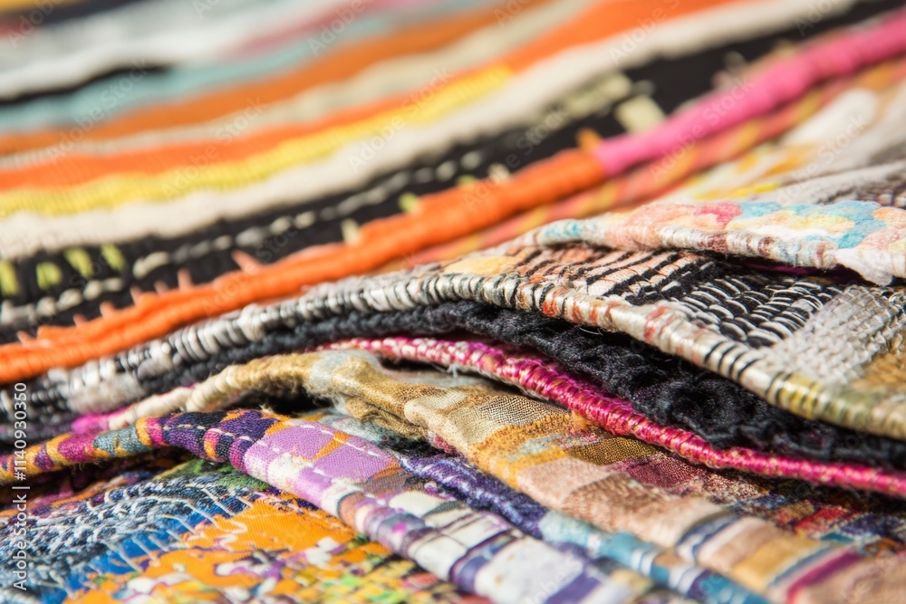 Poster an artistic display of decorative fabric pieces layered together, showcasing a range of colors and t