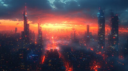 Obraz premium Futuristic cityscape sunset, fiery sky, glowing towers.