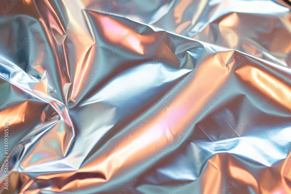 Fototapete An abstract close-up of shiny, colorful wrinkled metallic fabric, demonstrating dynamic reflections and intricate textures that add depth and interest to any composition.