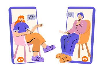 Online Psychological Counseling Session Illustration with Two Characters  man and woman on Video Call