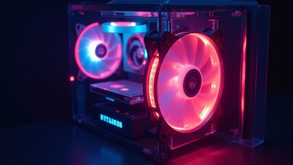 Fototapeta premium Colorful LED fans illuminate a powerful gaming computer in a dark room at night