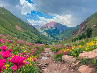 Scenic view of a colorful flower-filled valley with mountains in the background.
