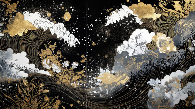 White, black and gold contemporary artistic Japanese ukiyo-e, folding screen ambience, abstract, elegant, delicate and luxurious retro dramatic graphic design elements