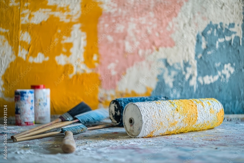 Poster This image captures an artistic workspace filled with paint rollers and brushes, set against a backdrop of colorful walls, symbolizing creativity and the process of art-making.
