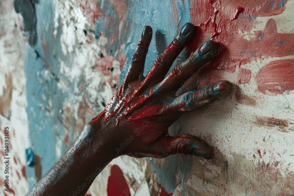 Aufkleber a close-up of a hand smeared with vibrant paints, touching a textured wall. the interplay of colors 