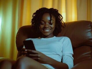 Fototapeta premium Smiling Woman Sitting on Couch, Focused on Cell Phone