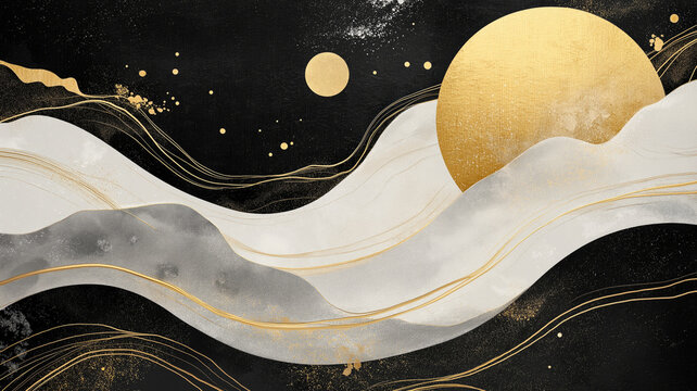 White, black and gold contemporary artistic Japanese ukiyo-e, folding screen ambience, abstract, elegant, delicate and luxurious retro dramatic graphic design elements