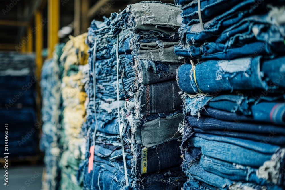 Poster this image showcases neatly stacked denim fabrics in various shades, highlighting the abundance and 