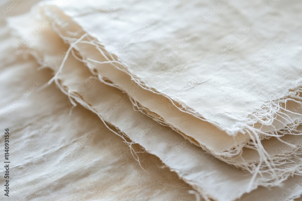 Aufkleber This image captures stacked sheets of textured fabric featuring visible fringes, emphasizing the rich tactile experience and organic aesthetic of natural materials.