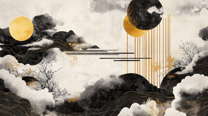 White, black and gold contemporary artistic Japanese ukiyo-e, folding screen ambience, abstract, elegant, delicate and luxurious retro dramatic graphic design elements