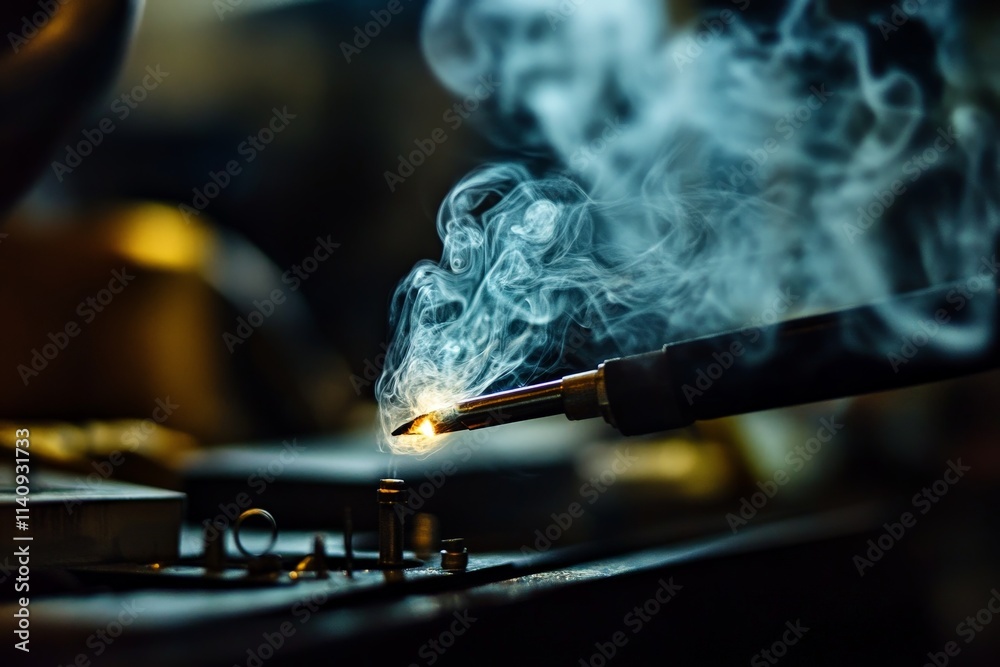Poster a close-up shot of a welding process, capturing the dynamic nature of metalwork with smoke billowing