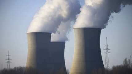 Cooling Towers Emitting Steam at a Nuclear Power Plant on a Clear Day