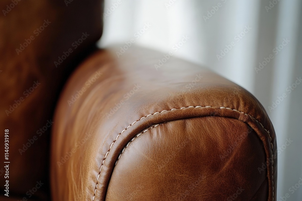 Poster A close-up of a stylish light brown leather sofa armrest, featuring soft textures and neat stitching that exemplify contemporary design and provide a cozy, warm atmosphere to any space.
