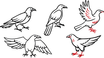 Raven bird or eagle line art hand drawn logo icon vector illustration collection