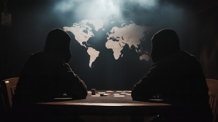 two masked men sitting at a table looking at a world map; concept of power games, politics, economic conflicts in the international arena