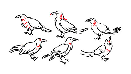 Raven bird or eagle line art hand drawn logo icon vector illustration collection