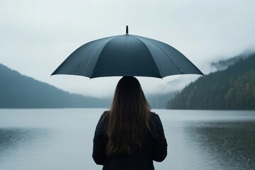 Woman Holding Umbrella Facing Misty Lake and Forest on Overcast Day