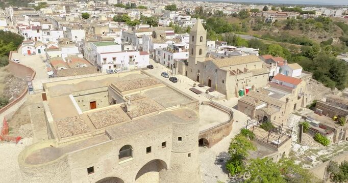 Aerial view of the church of San Bernardino da Siena located in the historic center of the town of Bernalda, in the province of Matera, Basilicata, Italy.