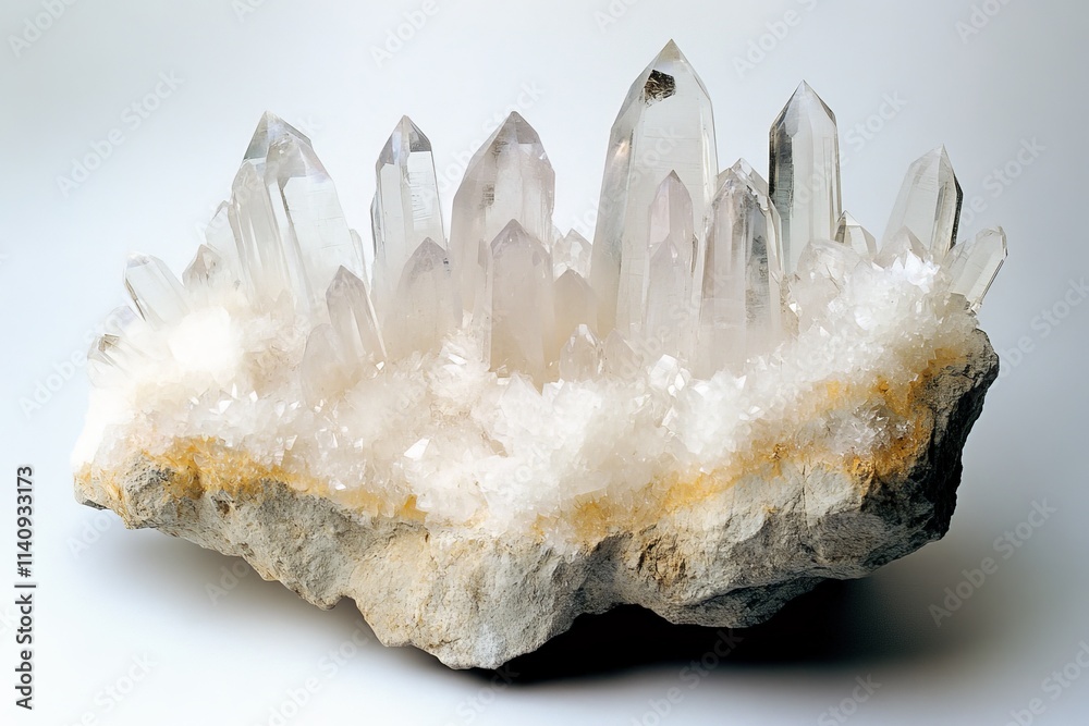 Aufkleber This beautiful quartz cluster features sharp crystalline peaks emerging from a textured base, symbolizing nature’s artistry and the purity of mineral formations.