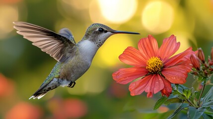 Fototapeta premium A hummingbird is flying near a red flower