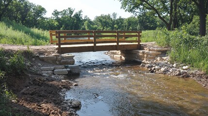 Obraz premium A wooden bridge over a stream in a wooded area