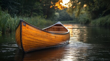 Fototapeta premium A wooden canoe floating on top of a body of water