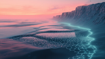 A futuristic coastline where the ocean glows with luminous waves, and the sand forms intricate hexagonal patterns