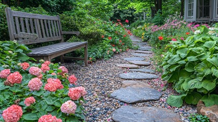 Obraz premium A wooden bench sitting in the middle of a flower garden
