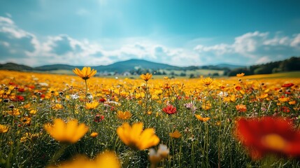 Fototapeta premium A field of yellow and red flowers under a blue sky
