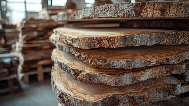 Stack of wooden slabs in a workshop