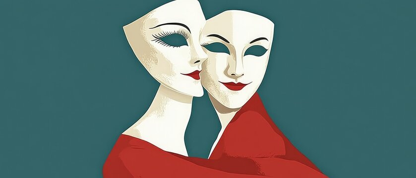 Dual Masks with Red Shawl: Symbol of Mystery and Identity in Modern Art