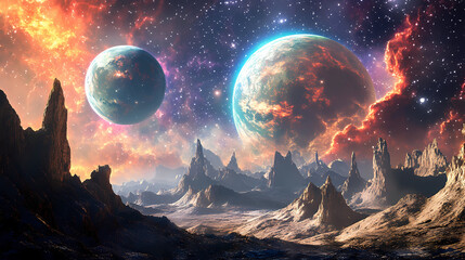 Colorful planets and stars in a dreamy landscape. Dreamy. Illustration