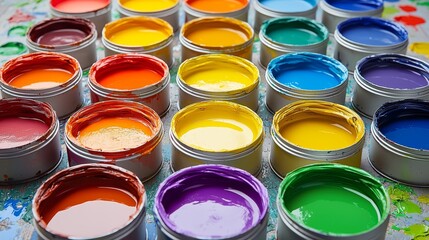 A group of paint cans filled with different colors of paint
