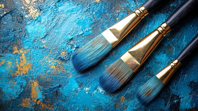 Three paint brushes on a blue and gold background