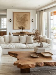 Coastal Living Room With Neutral Decor And Wooden Accents