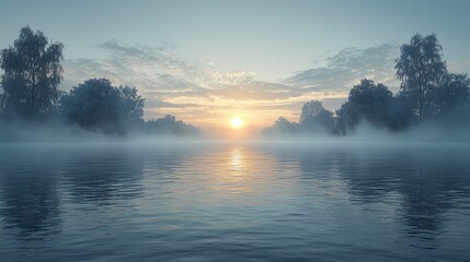 Fototapeta premium A foggy sunrise over a lake with trees in the foreground