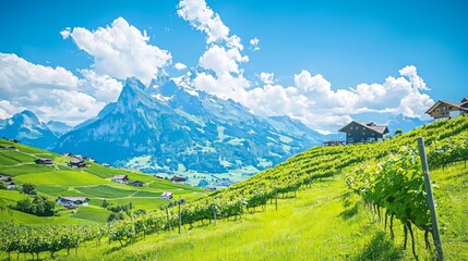 Obraz premium Scenic view of mountains and vineyards under a bright blue sky.