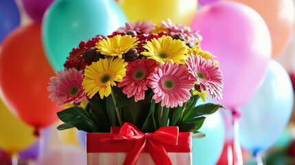 Colorful flowers in gift box with red ribbon for happy celebration