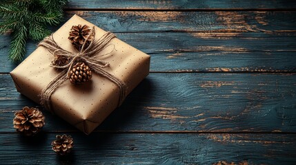 A gift wrapped in brown paper and tied with twine and pine cones